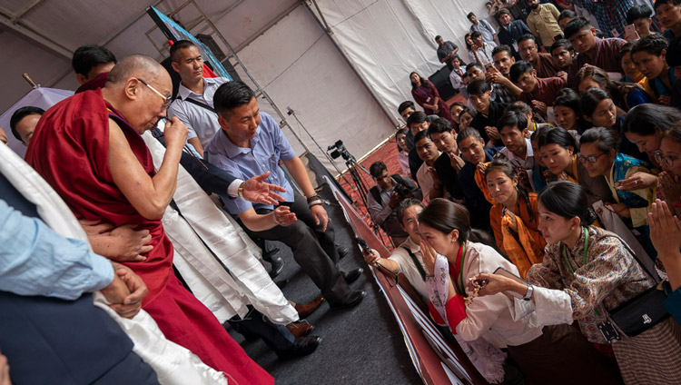 His Holiness the Dalai Lama offering a few words of encouragement for students from the Himalayan region before leaving the stage after his talk at Chandigarh University in Chandigarh, India on October 15, 2019. Photo by Tenzin Choejor
