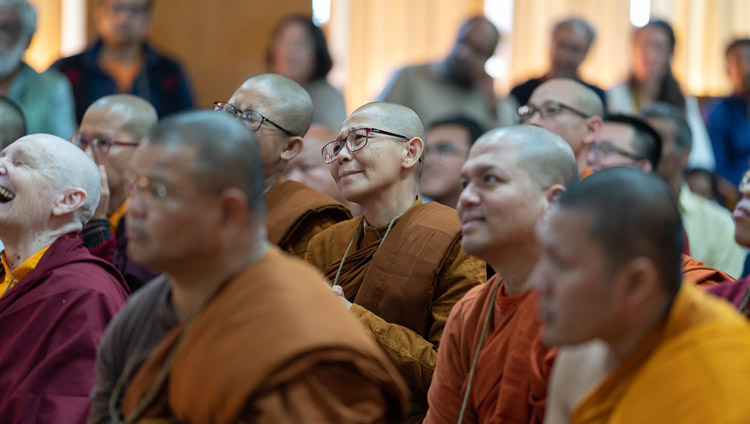 Members of the International Network of Engaged Buddhists listening to His Holiness the Dalai Lama speaking during their meeting at his residence in Dharamsala, HP, India on October 21, 2019. Photo by Tenzin Choejor