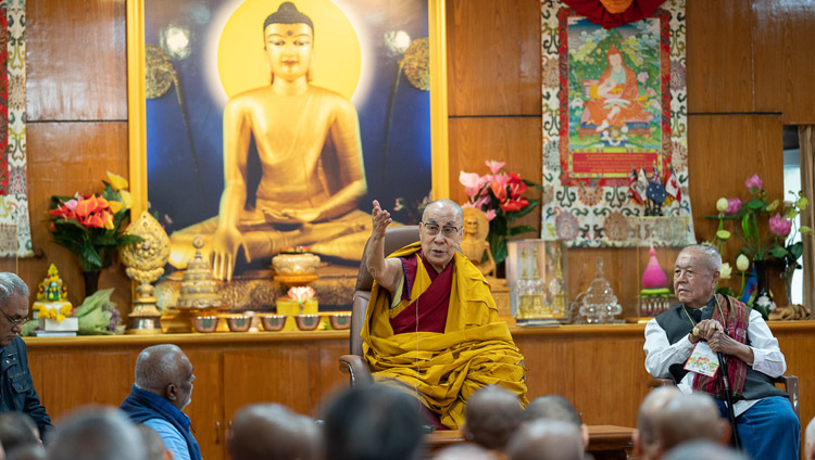 His Holiness the Dalai Lama addressing embers of the International Network of Engaged Buddhists during their meeting at his residence in Dharamsala, HP, India on October 21, 2019. Photo by Tenzin Choejor