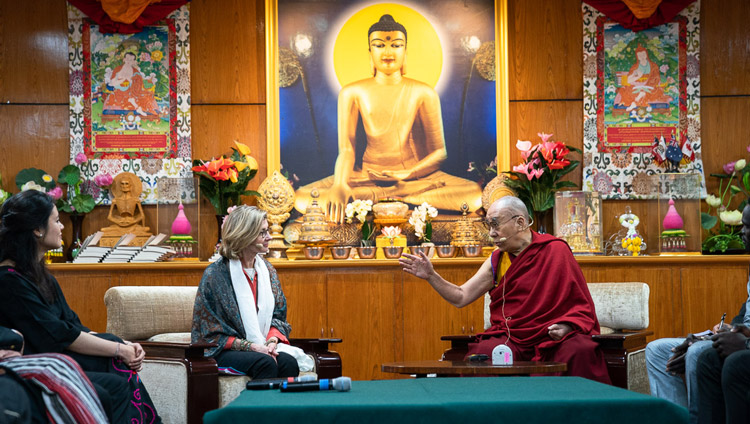 His Holiness the Dalai Lama explaining a point to Nancy Lindborg, President of the United States Institute of Peace, organizers of the conversation with young peacebuilders at his residence in Dharamsala, HP, India on October 23, 2019. Photo by Tenzin Choejor