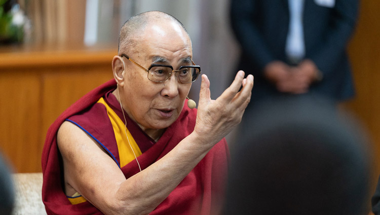 His Holiness the Dalai Lama speaking to young peacebuilders during the first day of their conversation at his residence in Dharamsala, HP, India on October 23, 2019. Photo by Tenzin Choejor