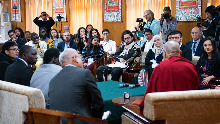 His Holiness the Dalai Lama and youth leaders from 11 conflict affected countries discussing how to make peace possilbe on the first day of their conversation at his residence in Dharamsala, HP, India on October 23, 2019. Photo by Tenzin Choejor His Holiness the Dalai Lama and youth leaders from 11 conflict affected countries discussing how to make peace possilbe on the first day of their conversation at his residence in Dharamsala, HP, India on October 23, 2019. Photo by Tenzin Choejor