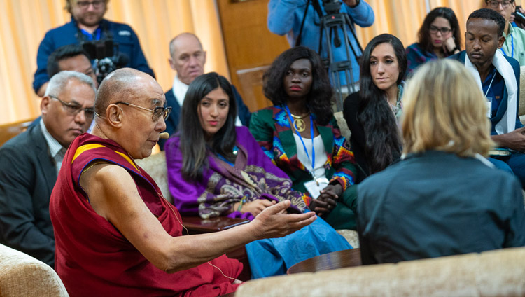 His Holiness the Dalai Lama addressing youth leaders from countries disturbed by conflict on the second day of conversation with peacebuilders at his residence in Dharamsala, HP, India on October 24, 2019. Photo by Tenzin Choejor