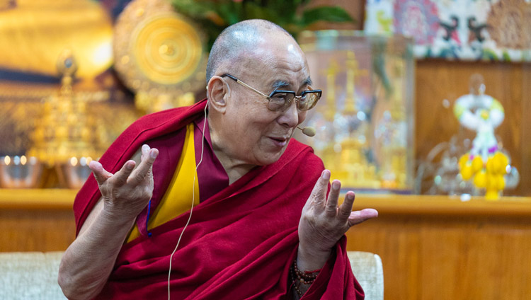 His Holiness the Dalai Lama responding to questions asked by youth leaders from countries disturbed by conflict on the second day of conversation with peacebuilders at his residence in Dharamsala, HP, India on October 24, 2019. Photo by Tenzin Choejor His Holiness the Dalai Lama responding to questions asked by youth leaders from countries disturbed by conflict on the second day of conversation with peacebuilders at his residence in Dharamsala, HP, India on October 24, 2019. Photo by Tenzin Choejor
