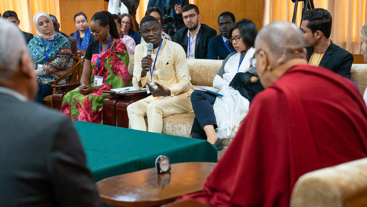 His Holiness the Dalai Lama listening to a question from one of the youth leaders on the second day of the conversation with young peace builders at his residence in Dharamsala, HP, India on October 24, 2019. Photo by Tenzin Choejor His Holiness the Dalai Lama listening to a question from one of the youth leaders on the second day of the conversation with young peace builders at his residence in Dharamsala, HP, India on October 24, 2019. Photo by Tenzin Choejor