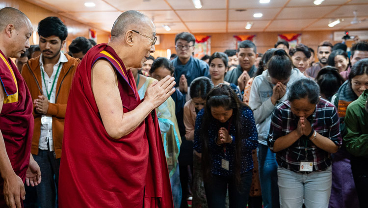 His Holiness the Dalai Lama greeting students from North Indian universities as he arrives from their meeting at his residence in Dharamsala, HP, India on October 25, 2019. Photo by Tenzin Choejor