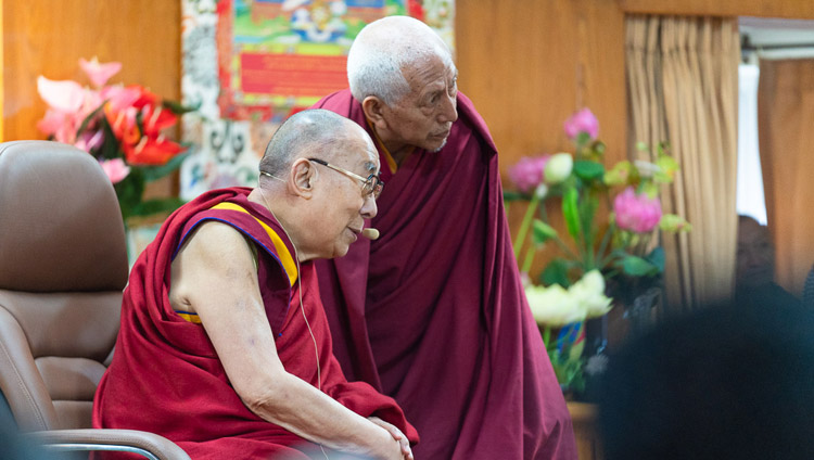 Ven Prof Samdhong Rinpoche translating a question asked by a student in Hindi for His Holiness the Dalai Lama during his meeting with students at his residence in Dharamsala, HP, India on October 25, 2019. Photo by Tenzin Choejor