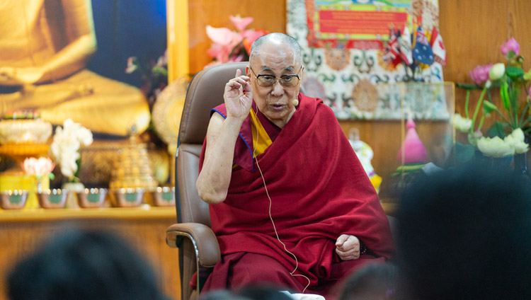 His Holiness the Dalai Lama answering a question from the audience during his meeting with students from North Indian universities at his residence in Dharamsala, HP, India on October 25, 2019. Photo by Tenzin Choejor