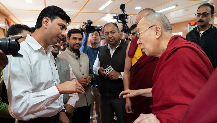 His Holiness the Dalai Lama interacting with members of the media after his meeting with students from North Indian universities at his residence in Dharamsala, HP, India on October 25, 2019. Photo by Tenzin Choejor