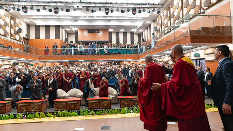 His Holiness the Dalai Lama greeting the audience inside the Tibetan Institute of Performing Arts' new auditorium in Dharamsala, India on October 29, 2019. Photo by Tenzin Choejor