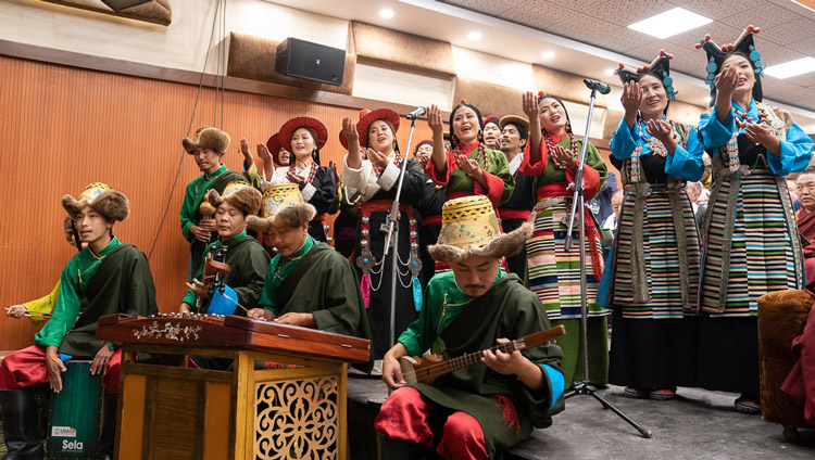 Artists performing a song of gratitude for His Holiness the Dalai Lama during the program  celebrating 60 Years of the Tibetan Institute of Performing Arts in Dharamsala, India on October 29, 2019. Photo by Tenzin Choejor