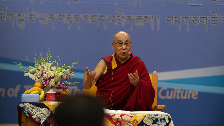 His Holiness the Dalai Lama addressing the audience during the program  celebrating 60 Years of the Tibetan Institute of Performing Arts in Dharamsala, India on October 29, 2019. Photo by Tenzin Choejor