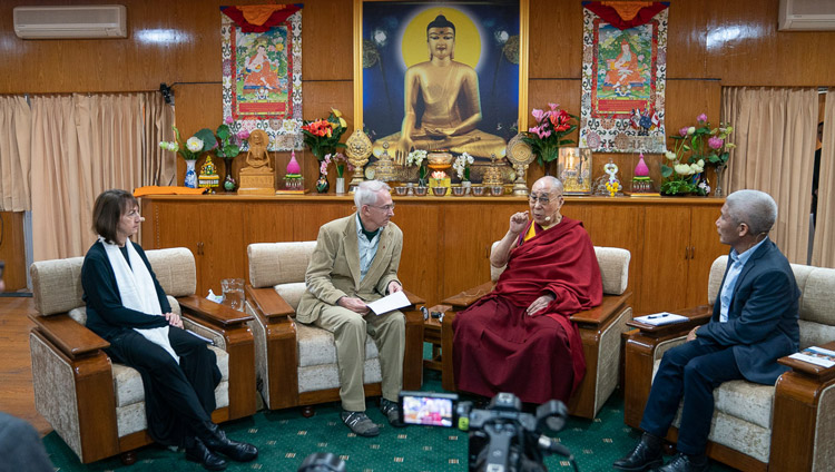 His Holiness the Dalai Lama addressing the gathering on the first day of the Mind and Life Conversation at his residence in Dharamsala, HP, India on October 30, 2019. Photo by Tenzin Choejor