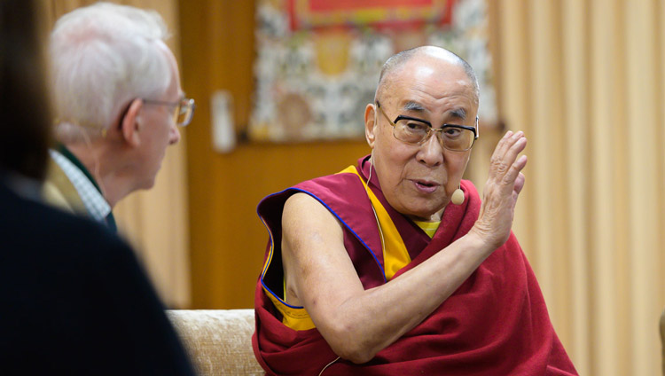 His Holiness the Dalai Lama engaging in conversation with David Sloan Wilson on the first day of the Mind and Life Conversation at his residence in Dharamsala, HP, India on October 30, 2019. Photo by Tenzin Choejor