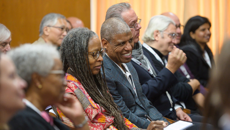 Members of the audience listening to His Holiness the Dalai Lama and David Sloan Wilson on the first day of the Mind and Life Conversation at his residence in Dharamsala, HP, India on October 30, 2019. Photo by Tenzin Choejor