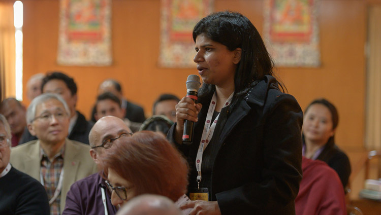 A member of the audience asking a question on the first day of the Mind and Life Conversation with His Holiness the Dalai Lama at his residence in Dharamsala, HP, India on October 30, 2019. Photo by Tenzin Choejor