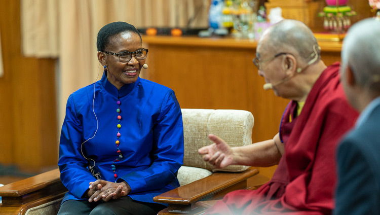 His Holiness the Dalai Lama with Pumla Gobodo-Madikizela on the second day of the Mind & Life Conversations at his residence in Dharamsala, HP, India on November 1, 2019. Photo by Tenzin Choejor