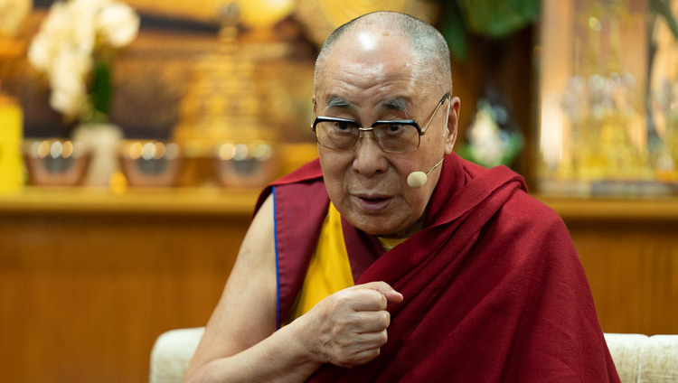 His Holiness the Dalai Lama speaking on the second day of the Mind & Life Conversations at his residence in Dharamsala, HP, India on November 1, 2019. Photo by Tenzin Choejor