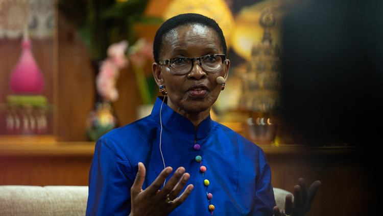 Pumla Gobodo-Madikizela responding to His Holiness the Dalai Lama's comments on the second day of the Mind & Life Conversations at his residence in Dharamsala, HP, India on November 1, 2019. Photo by Tenzin Choejor