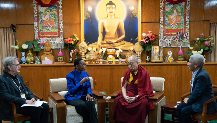 Moderator Aron Stern, Pumla Gobodo-Madikizela, His Holiness the Dalai Lama and Thupten Jimpa, His Holiness's interpreter, on the second day of the Mind & Life Conversations at His Holiness's residence in Dharamsala, HP, India on November 1, 2019. Photo by Tenzin Choejor