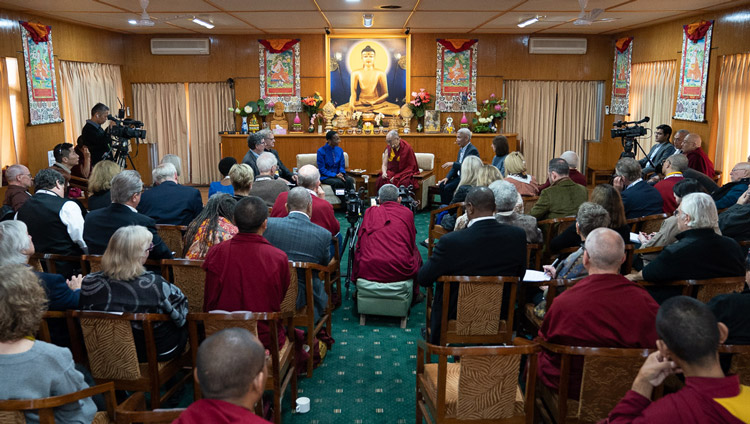 A view of the meeting room during the discussion session on the econd day of the Mind & Life Conversations with His Holiness the Dalai Lama at his residence in Dharamsala, HP, India on November 1, 2019. Photo by Tenzin Choejor