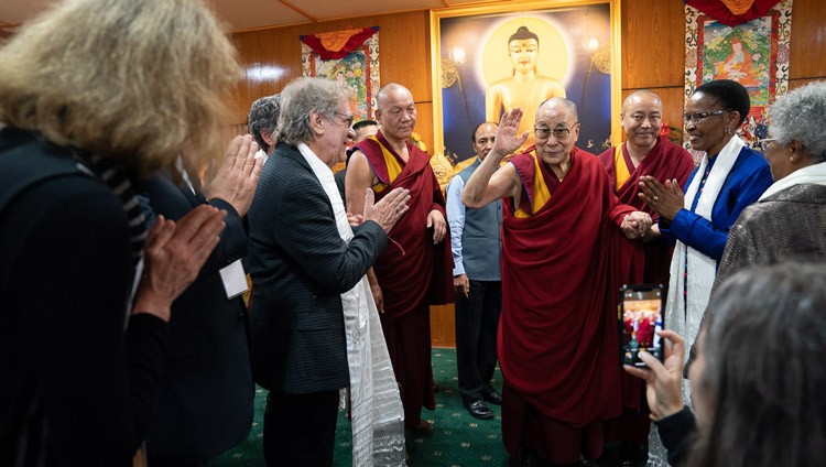 His Holines the Dala Lama waving goodbye as he departs at the conclusion of the Mind & Life Conversations at his residence in Dharamsala, HP, India on November 1, 2019. Photo by Tenzin Choejor