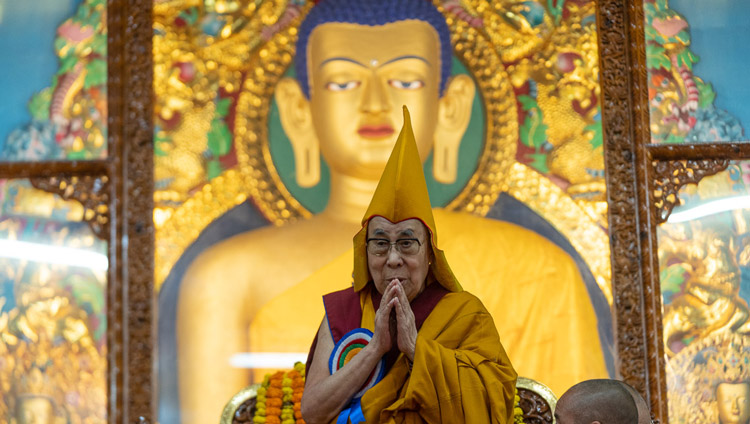 His Holiness the Dalai Lama joining in prayers during the Long Life Offering at Gyutö Tantric College in Dharamsala, HP, India on November 2, 2019. Photo by Tenzin Choejor