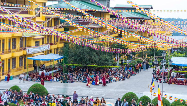 The overflow crowd sitting in the courtyard of Gyutö Tantric College listening to His Holiness the Dalai Lama speaking at the 600th Anniversary of Gyutö Monastery Founder’s Birth celebrations in Dharamsala, HP, India on November 2, 2019. Photo by Tenzin Choejor