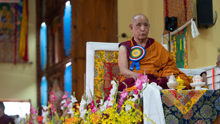 Gaden Tri Rinpoche speaking at the 600th Anniversary of Gyutö Monastery Founder’s Birth celebrations in Dharamsala, HP, India on November 2, 2019. Photo by Tenzin Choejor