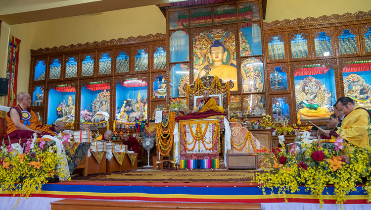 His Holiness the Dalai Lama thanking the congregation for offering prayers for his long life during the 600th Anniversary of Gyutö Monastery Founder’s Birth celebrations in at  Gyutö Tantric College in Dharamsala, HP, India on November 2, 2019. Photo by Tenzin Choejor