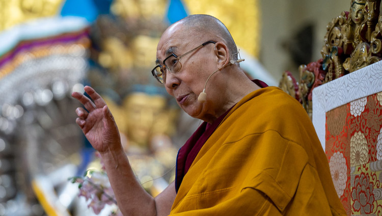 His Holiness the Dalai Lama speaking on the first day of his teachings requested by a group from Korea at the Main Tibetan Temple in Dharamsala, HP, India on November 4, 2019. Photo by Ven Tenzin Jamphel