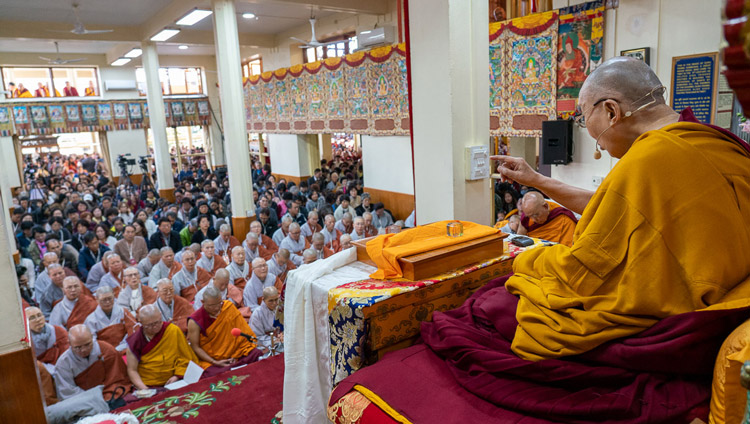 His Holiness the Dalai Lama speaking on the first day of teachings requested by a group from korea at the Main Tibetan Temple in Dharamsala, HP, India on November 4, 2019. Photo by Ven Tenzin Jamphel