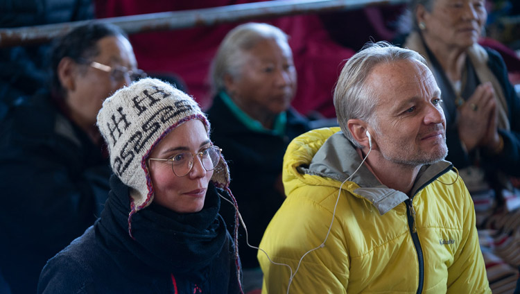 Members of the audience among those from 60 countries listening to a translation of His Holiness the Dalai Lama's teaching at the Main Tibetan Temple in Dharamsala, HP, India on November 4, 2019. Photo by Ven Tenzin Jamphel