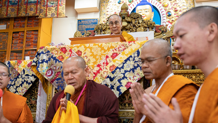 Thai monks reciting the Mangala Sutta in Pali at the start of the second day of His Holiness the Dalai Lama's teachings at the Main Tibetan Temple in Dharamsala, HP, India on November 5, 2019. Photo by Ven Tenzin Jamphel