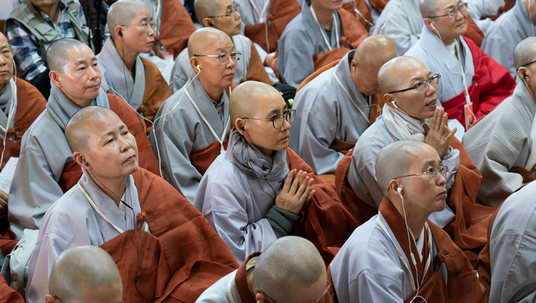 Members of the congregation inside the Main Tibetan Temple listening to His Holiness the Dalai Lama on the second day of teachings at the request of a group from Korea in Dharamsala, HP, India on November 5, 2019. Photo by Ven Tenzin Jamphel
