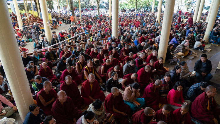 Some of the more than 6000 people attending His Holiness the Dalai Lama's second day of teachings sitting in the courtyard of the Main Tibetan Temple in Dharamsala, HP, India on November 5, 2019. Photo by Ven Tenzin Jamphel