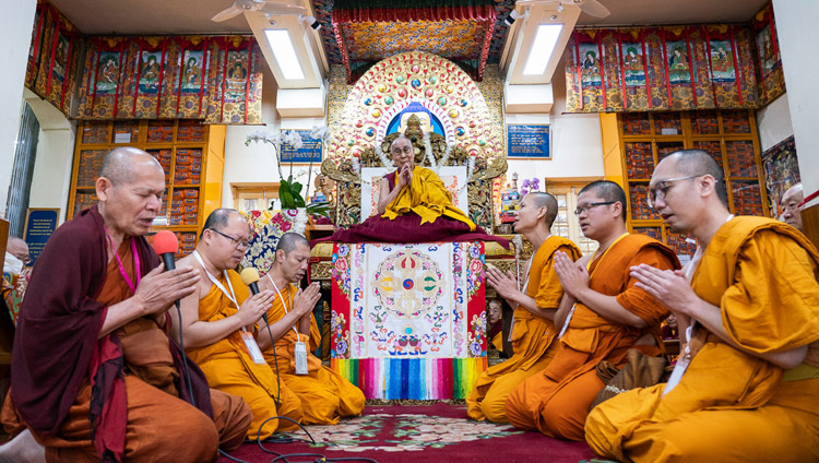 Monks from Thailand reciting the ‘Mangala Sutta’ in Pali on the final day of His Holiness the Dalai Lama's teachings at the Main Tibetan Temple in Dharamsala, HP, India on November 6, 2019. Photo by Ven Tenzin Jamphel