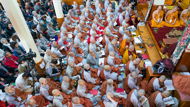 A view of the audience inside the Main Tibetan Temple on the final day of His Holiness the Dalai Lama's teachings requested by a group from Korea in Dharamsala, HP, India on November 6, 2019. Photo by Ven Tenzin Jamphel