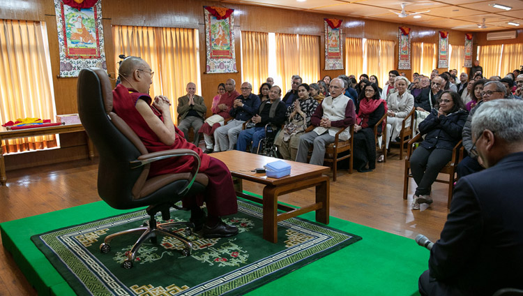 His Holiness the Dalai Lama speaking on secular ethics to entrepreneurs and management graduates at his residence in Dharamsala, HP, India on November 7, 2019. Photo by Tenzin Choejor