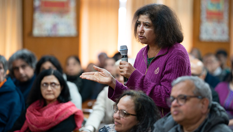 A member of the audience asking His Holiness the Dalai Lama a question during his talk on secular ethics to entrepreneurs and management graduates at his residence in Dharamsala, HP, India on November 7, 2019. Photo by Tenzin Choejor