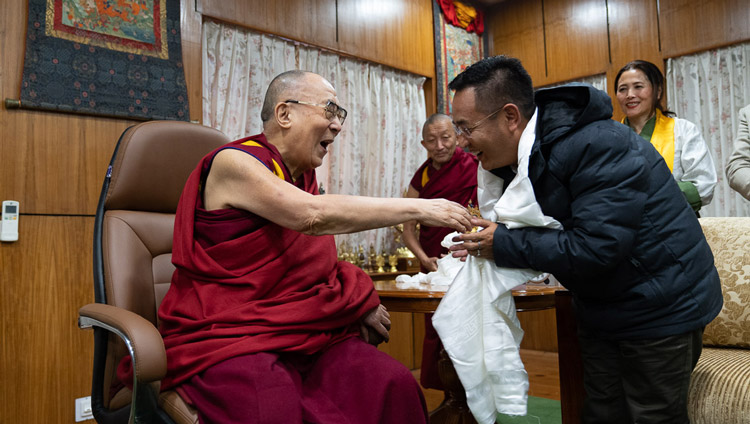His Holiness the Dalai Lama with Chief Minister of Sikkim, Prem Singh Tamang at his residence in Dharamsala, HP, India on November 8, 2019. Photo by Tenzin Choejor