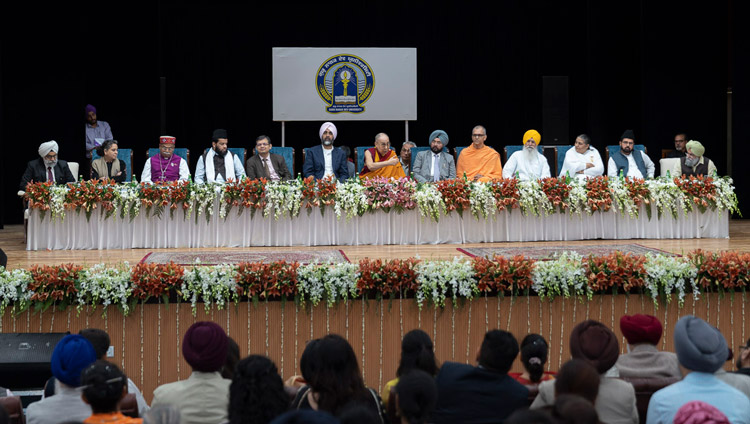 A view of the stage at Guru Nanak Dev University as His Holiness the Dalai Lama addresses the Inter-Faith Conclave in Amritsar, Punjab, India on November 9, 2019. Photo by Tenzin Choejor