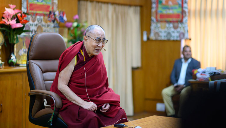 His Holiness the Dalai Lama answering questions from the audience during his talk to the Nepal chapter of the Young Presidents’ Organization (YPO) at his residence in Dharamsala, HP, India on November 13, 2019. Photo by Tenzin Choejor