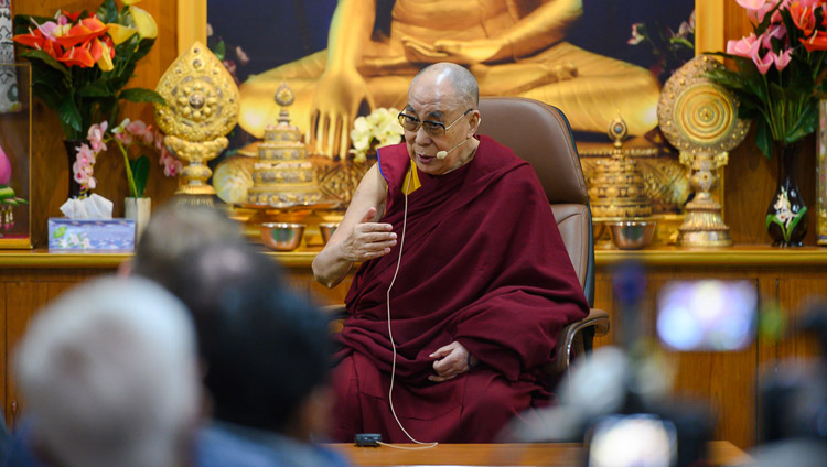 His Holiness the Dalai Lama addressing members of the Youth Buddhist Society of India, Sankisa and students and faculty from the Indian Institute of Mass Communication at his residence in Dharamsala, HP, India on November 15, 2019. Photo by Tenzin Choejor