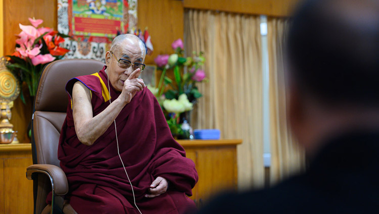 His Holiness the Dalai Lama responding to a question from the audience during his meeting members of the Youth Buddhist Society of India, Sankisa and students and faculty from the Indian Institute of Mass Communication at his residence in Dharamsala, HP, India on November 15, 2019. Photo by Tenzin Choejor