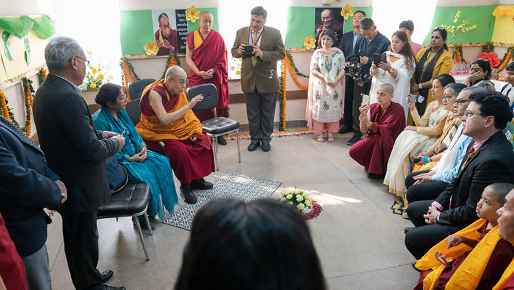 His Holiness the Dalai Lama meeting with supporters and friends of Tushita on his arrival at St Columba's School in New Delhi, India on November 20, 2019. Photo by Tenzin Choejor