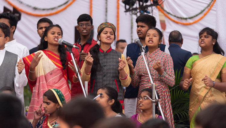Students from Pratyek, an NGO educating and looking after underprivileged children, presenting a rap about children’s rights at the start of His Holiness the Dalai Lama's talk at St. Columba's School in New Delhi, India on November 20, 2019. Photo by Tenzin Choejor Students from Pratyek, an NGO educating and looking after underprivileged children, presenting a rap about children’s rights at the start of His Holiness the Dalai Lama's talk at St. Columba's School in New Delhi, India on November 20, 2019. Photo by Tenzin Choejor