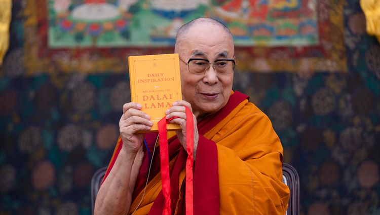 His Holiness the Dalai Lama releases ‘Daily Inspirations’, the new edition of a book Renuka Singh compiled on his behalf before his talk at St. Columba's School in New Delhi, India on November 20, 2019. Photo by Tenzin Choejor