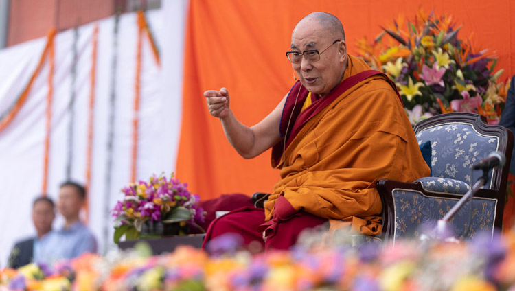 His Holiness the Dalai Lama addressing the crowd during Delhi’s 40th Anniversary celebration held at St. Columba's School in New Delhi, India on November 20, 2019. Photo by Tenzin Choejor