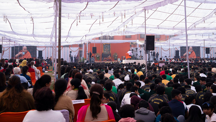A view from the back of the more than 5000 strong crowd during His Holiness the Dalai Lama's talk at St. Columba's School in New Delhi, India on November 20, 2019. Photo by Tenzin Choejor